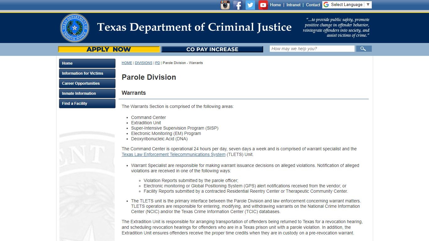Parole Division - Warrants - Texas Department of Criminal Justice